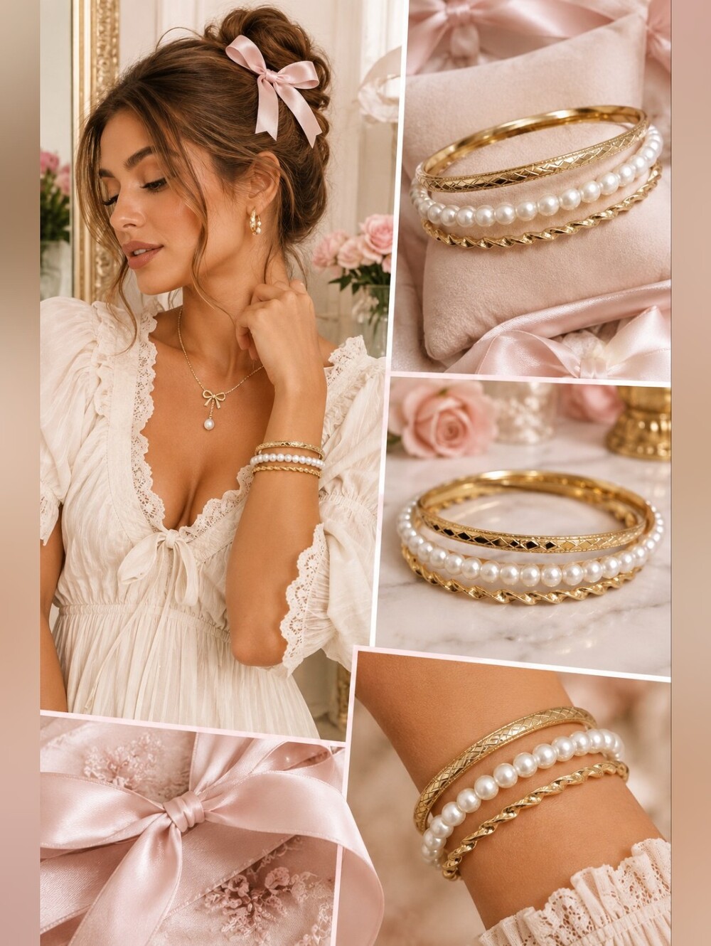 Gold & Pearl Bangle Set | Elegant Stackable Costume Bracelets | Classic Coquette